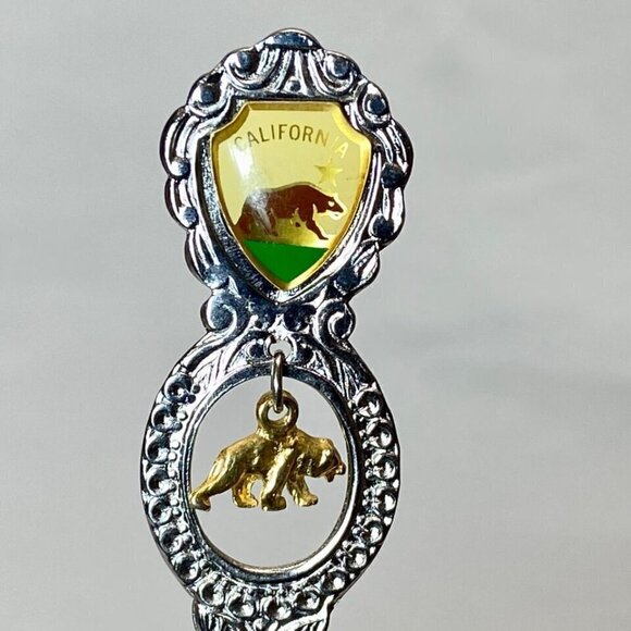 California Stamped Souvenir Spoon 4 5/8" Silver Tone Gold Bear Charm Enamel VTG - Picture 9 of 10